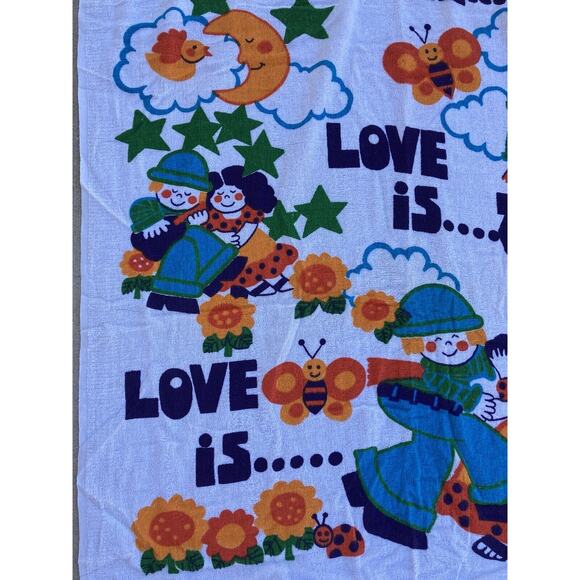 Vintage 70s B&D Groovy Hippie Beach Towel Wall Hanging "Love Is" 100% Cotton Sun - Picture 1 of 10